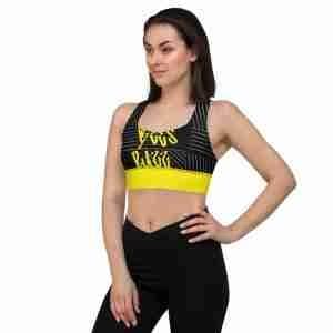 Women's sports bra "beesbuzz" high quality 5 all over print longline sports bra white left front 627b82716609b